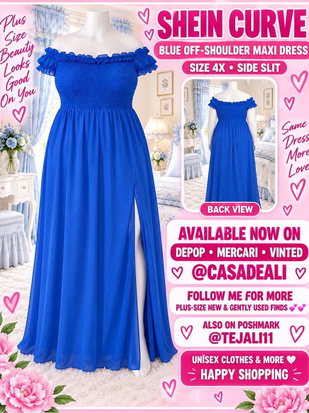 SHEIN Royal Blue Off-Shoulder Maxi Dress with Side Slit